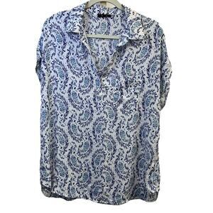 Pleione White Top with Blue Abstract Paisley Design Size XL